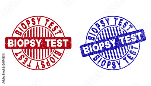 Grunge BIOPSY TEST round stamp seals isolated on a white background. Round seals with grunge texture in red and blue colors.