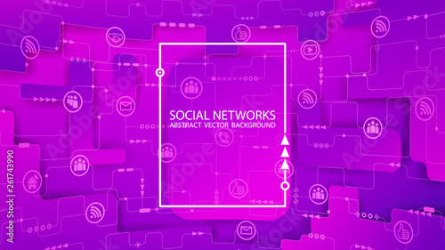 Global social network. Future. Vector. Violet futuristic background. Internet and technology. Virtual reality and modern science. Abstract image of dots and lines. Geometric background.