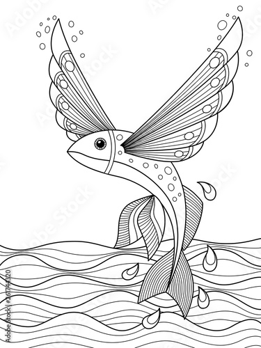 Sea doodle coloring book page flying fish