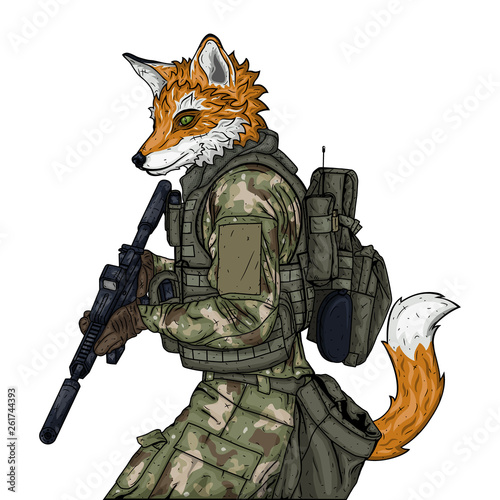 Fox soldier character. Vector illustration isolated on white background.