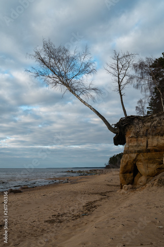 Limestone beach at the Baltic Sea with beautiful sand pattern and vivid red and orange color - Tourist writings on the walls and rocks and sand - Veczemju Klintis, Latvia - April 13, 2019