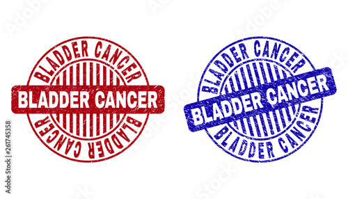 Grunge BLADDER CANCER round stamp seals isolated on a white background. Round seals with grunge texture in red and blue colors.
