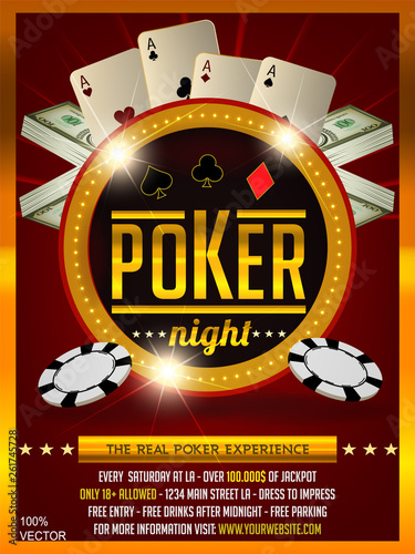Casino poker tournament invitation design  with playing CARDS and CHIPS on luxury green background. Design template with sample text for promoting your events