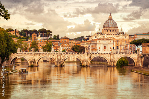 Obraz na płótnie Morning view of Basilica St Peter and bridge Sant Angelo in Vatican City Rome Italy. Rome architecture and landmark. St. Peter's cathedral in Rome. w salonie