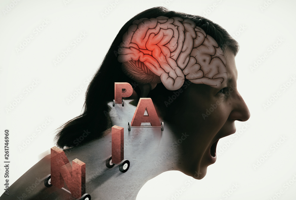 Concept of Head Pain. Crying woman with headache, migraine, stress