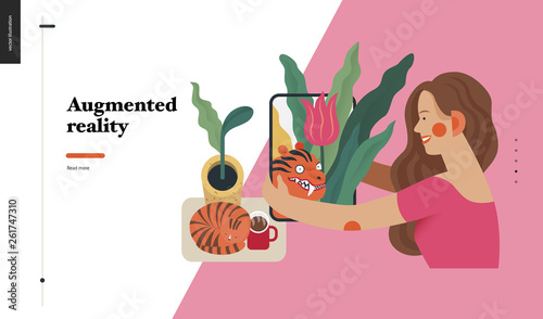 Technology 2 -Augmented reality, modern flat vector concept digital illustration -augmented reality metaphor -woman with tablet. Creative landing web page design template