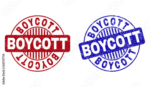 Grunge BOYCOTT round stamps isolated on a white background. Round seals with grunge texture in red and blue colors. Vector rubber imitation of BOYCOTT caption inside circle form with stripes.