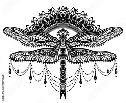 Dragonfly on white background isolated.  Ornate stylized dragonfly