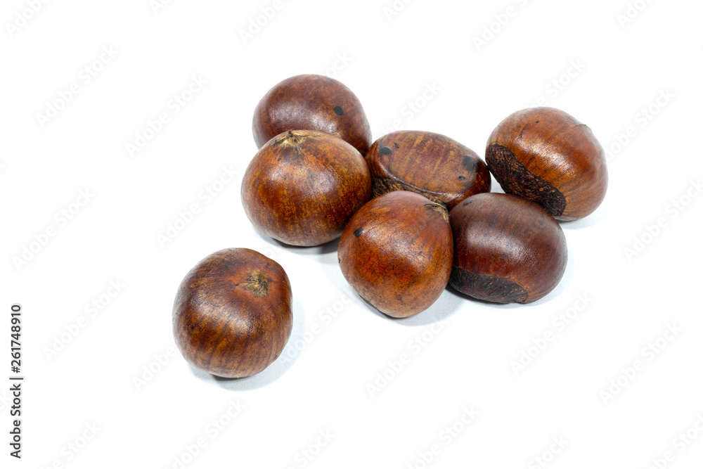 Roasted horse chestnuts isolated on white background. Roasted horse chestnuts isolated on white background.