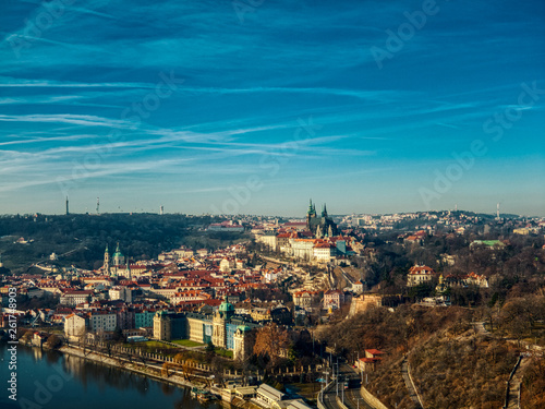 sunny day drone prague view sky clouds