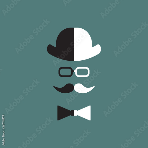  Black white silhouette of a man. An element for a postcard. Hat, glasses, mustache. Vector illustration.