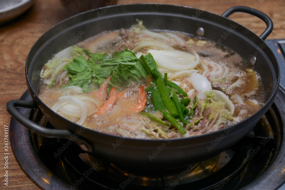 Korean seafood soup, fresh shrimp and mixed vegetables 