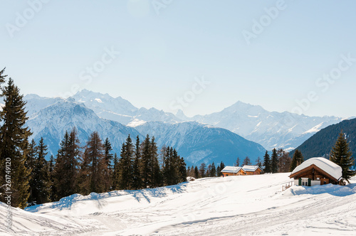 Riederalp, Matterhorn, Wallis, Alpen, Bergdorf, Holzhäuser, Winter, Wintersport, Schweiz photo