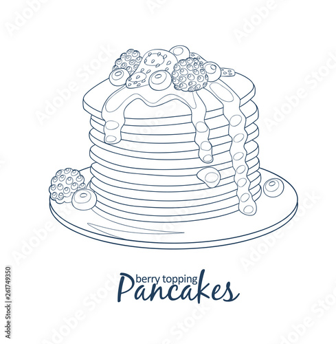 Pancakes with berries and honey icon. Hand drawn vector illustration black and white colors