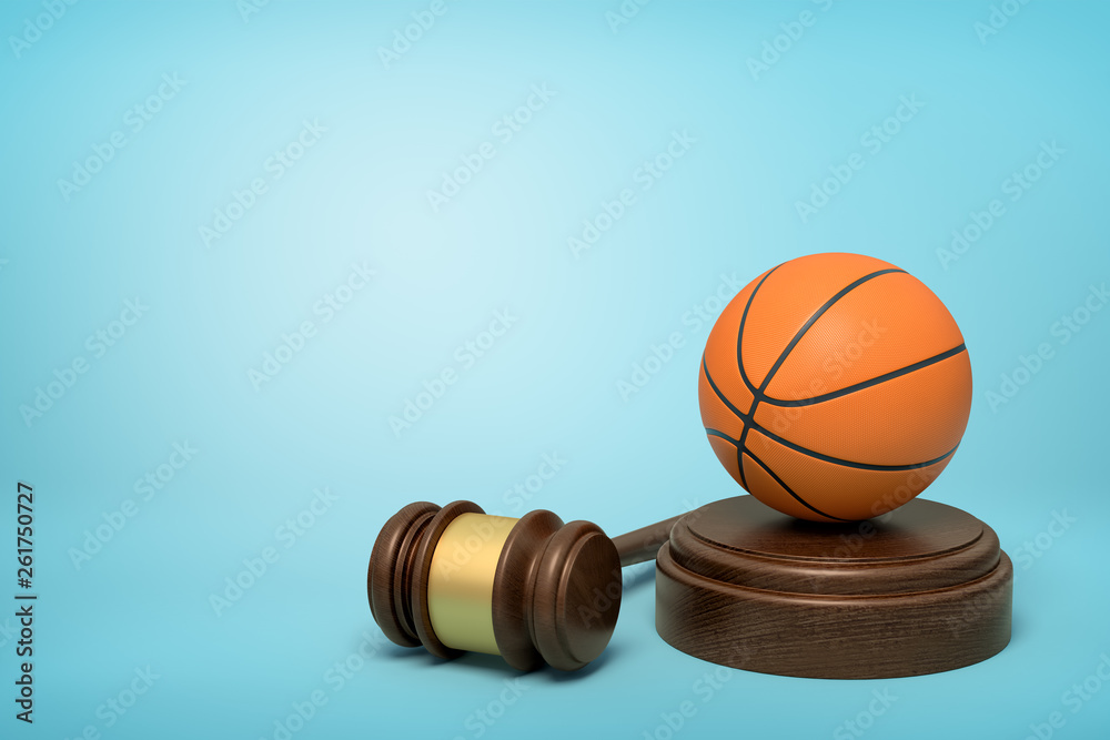 3d rendering of basketball on sounding block with judge gavel lying beside on light-blue background.