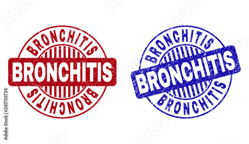 Grunge BRONCHITIS round stamp seals isolated on a white background. Round seals with grunge texture in red and blue colors. Vector rubber imitation of BRONCHITIS text inside circle form with stripes.