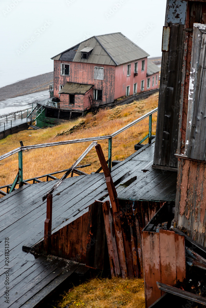 Wooden House at Barentsburg Harbour, Russian territory, Svalbard, Norway