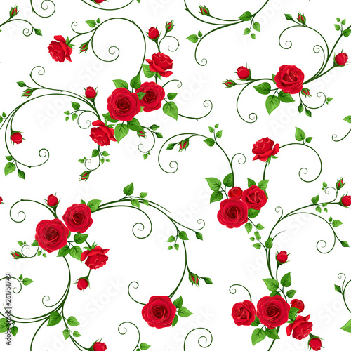 Vector seamless pattern with red roses on a white background.