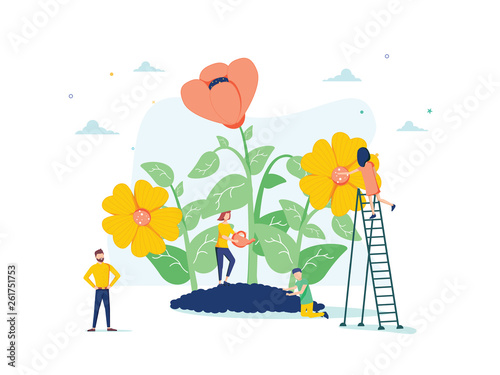 Vector illustration of spring flowers on white background, gardeners look after the garden, growing and studying plants