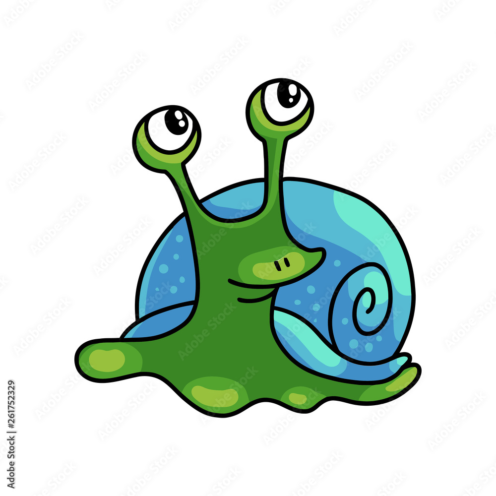 Fototapeta premium Cute green snail with blue shell looks in the air