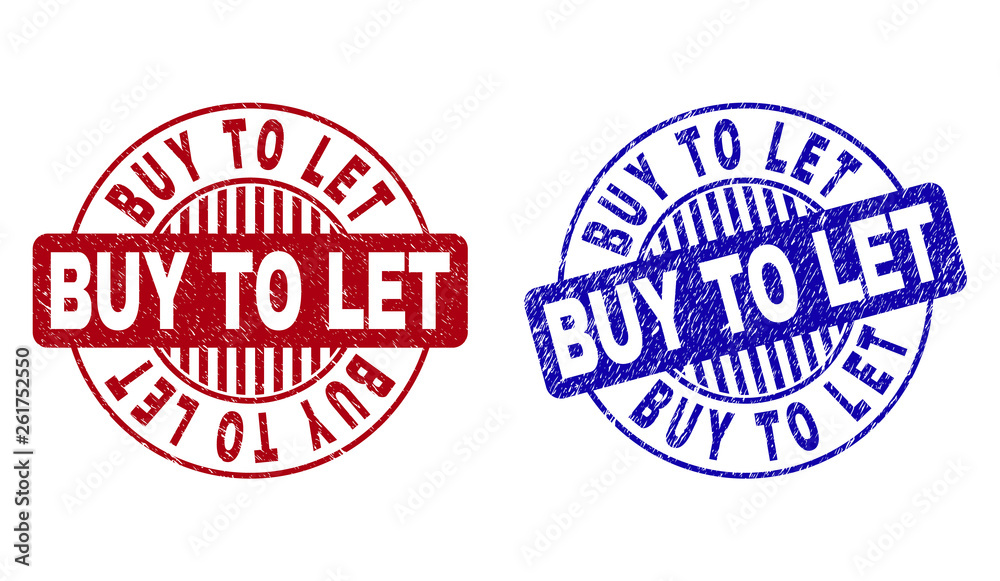 Grunge BUY TO LET round stamp seals isolated on a white background. Round seals with grunge texture in red and blue colors. Vector rubber imprint of BUY TO LET title inside circle form with stripes.