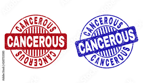 Grunge CANCEROUS round stamp seals isolated on a white background. Round seals with grunge texture in red and blue colors. Vector rubber watermark of CANCEROUS caption inside circle form with stripes.