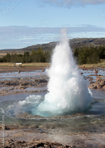 Strokkur Geyser eruption. Eruption of hot water. Gold Circle. Iceland.