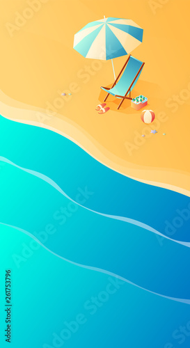 Summer. Vacation and travel concept. Umbrella, beach chair and a ball on the beach. Flat style vector illustration