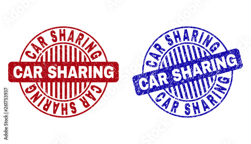 Grunge CAR SHARING round stamp seals isolated on a white background. Round seals with grunge texture in red and blue colors. Vector rubber overlay of CAR SHARING tag inside circle form with stripes.