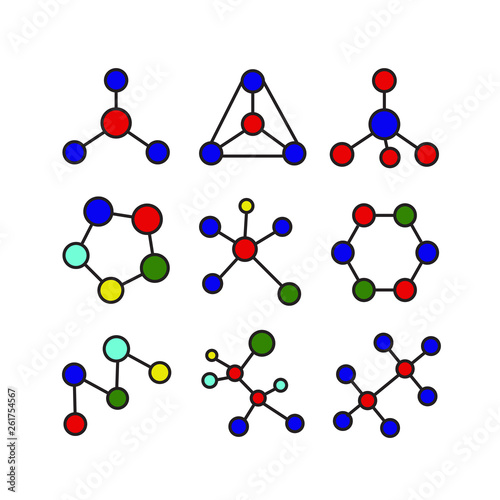 structural formulas of molecules icons set on white background