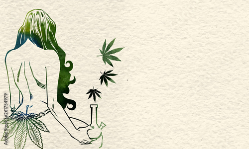 Naked lady with cannabis leafs and bong. Watercolor paper background