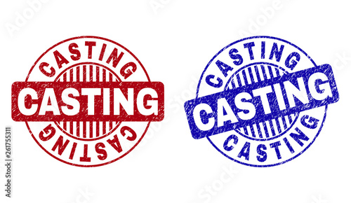 Grunge CASTING round stamp seals isolated on a white background. Round seals with grunge texture in red and blue colors. Vector rubber imitation of CASTING tag inside circle form with stripes.