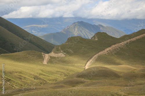 Panorama of road in mountains ofnational park Dombay, Caucasus