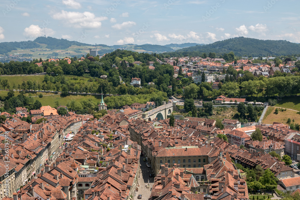 Aerial panorama of historic Bern city center from Bern Minster, Switzerland