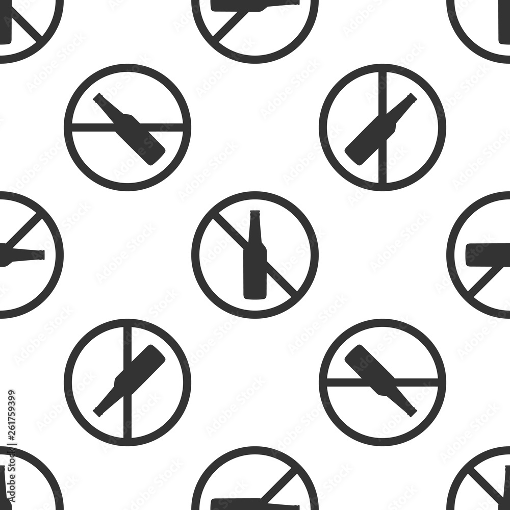 No alcohol icon isolated seamless pattern on white background. Prohibiting alcohol beverages. Forbidden symbol with beer bottle glass. Flat design. Vector Illustration No alcohol icon isolated seamless pattern on white background. Prohibiting alcohol beverages. Forbidden symbol with beer bottle glass. Flat design. Vector Illustration