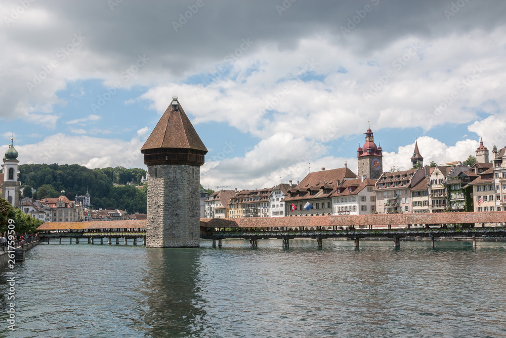 anoramic view of city center of Lucerne with famous Chapel Bridge and lake