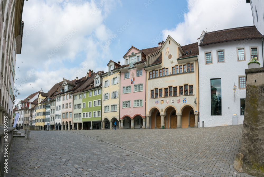 Wil, SG / Switzerland - April 8, 2019: view of the historic old town in the Swiss city of Wil