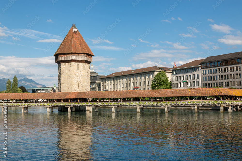 Panoramic view of Lucerne city with Chapel Bridge and river Reuss