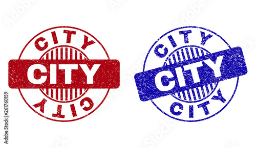Grunge CITY round stamp seals isolated on a white background. Round seals with grunge texture in red and blue colors. Vector rubber watermark of CITY title inside circle form with stripes.