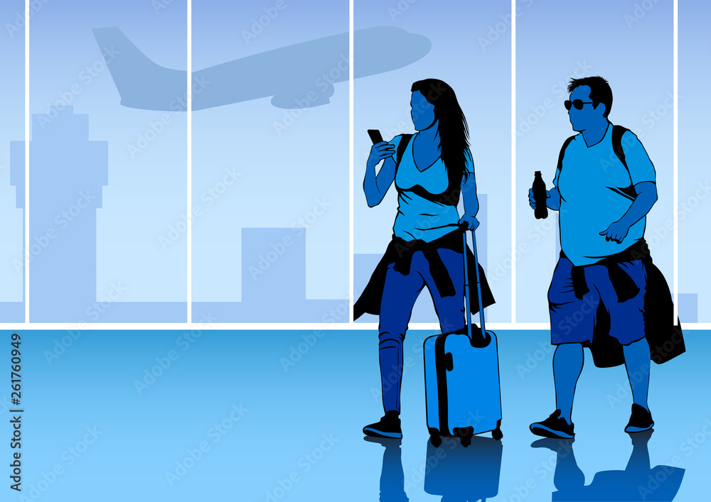 Man and woman with a suitcase at airport Man and woman with a suitcase at airport