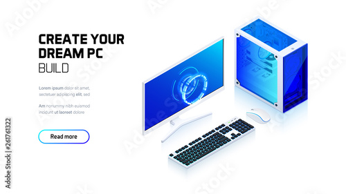Gaming, workstation and mining computer workspace components set isometric illustration, custom assembly computer components for workstation, pc store and service