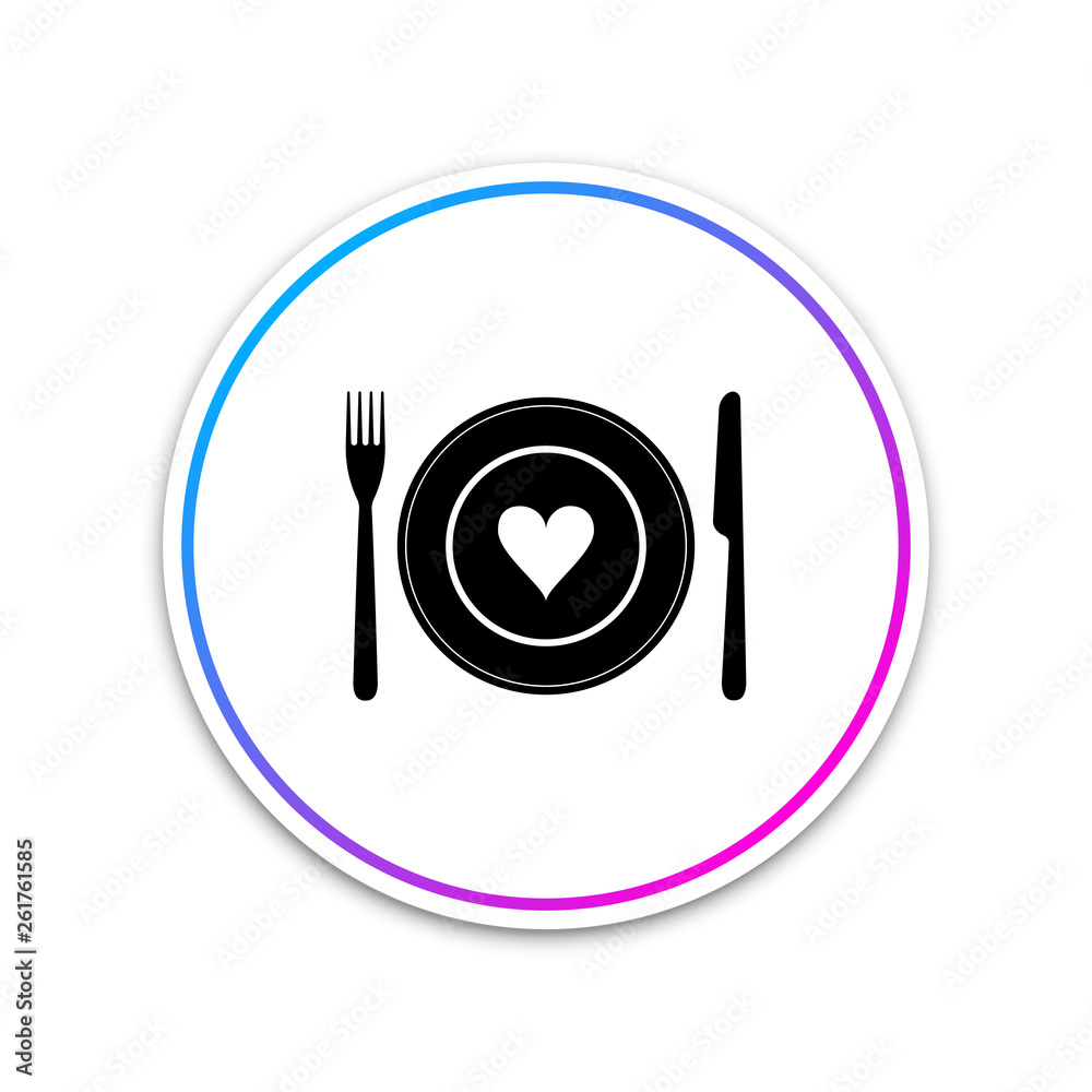 Heart on plate, fork and knife icon isolated on white background. Happy Valentine s day. Circle white button. Vector Illustration Heart on plate, fork and knife icon isolated on white background. Happy Valentine s day. Circle white button. Vector Illustration