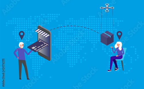 Modern flat design isometric concept of delivery service or online shopping with people,box,dron,pay online and dotted world map. Landing page template. Easy to edit and customize. Vector illustration