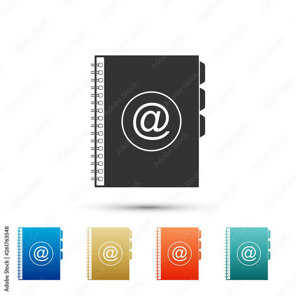 Address book icon isolated on white background. Notebook, address, contact, directory, phone, telephone book icon. Set elements in color icons. Vector Illustration Address book icon isolated on white background. Notebook, address, contact, directory, phone, telephone book icon. Set elements in color icons. Vector Illustration