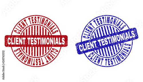 Grunge CLIENT TESTIMONIALS round stamp seals isolated on a white background. Round seals with grunge texture in red and blue colors.