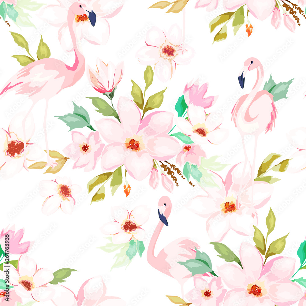 Summer seamless pattern. Floral print with flamingo. Watercolor style. Vector illustration