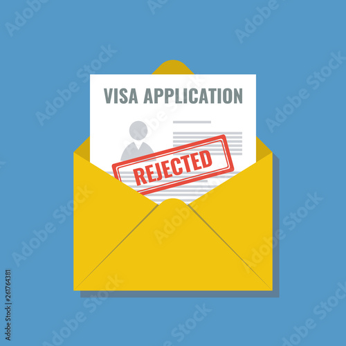 rejected visa application in opened envelope, flat design