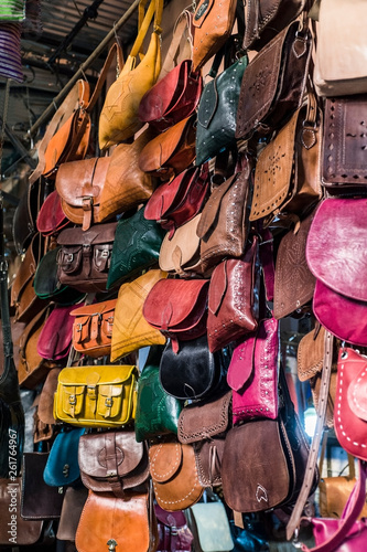 Handmade leather bags for sale in the Medina of Marrakech, Morocco © giamplume
