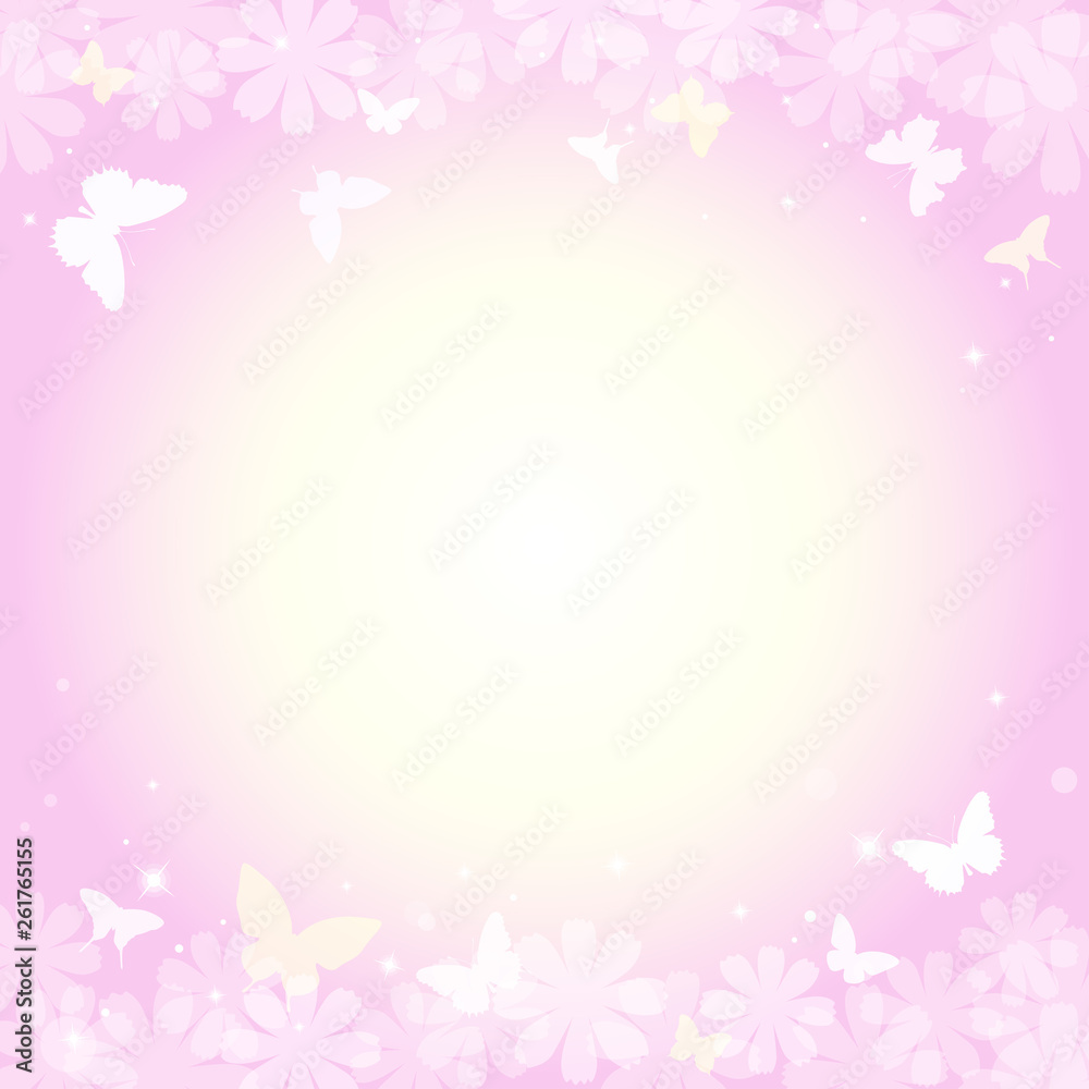 Abstract spring summer background in light pink pastel color with copy space, floral theme with butterfly and flower