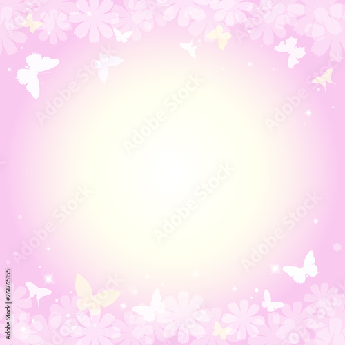 Abstract spring summer background in light pink pastel color with copy space, floral theme with butterfly and flower